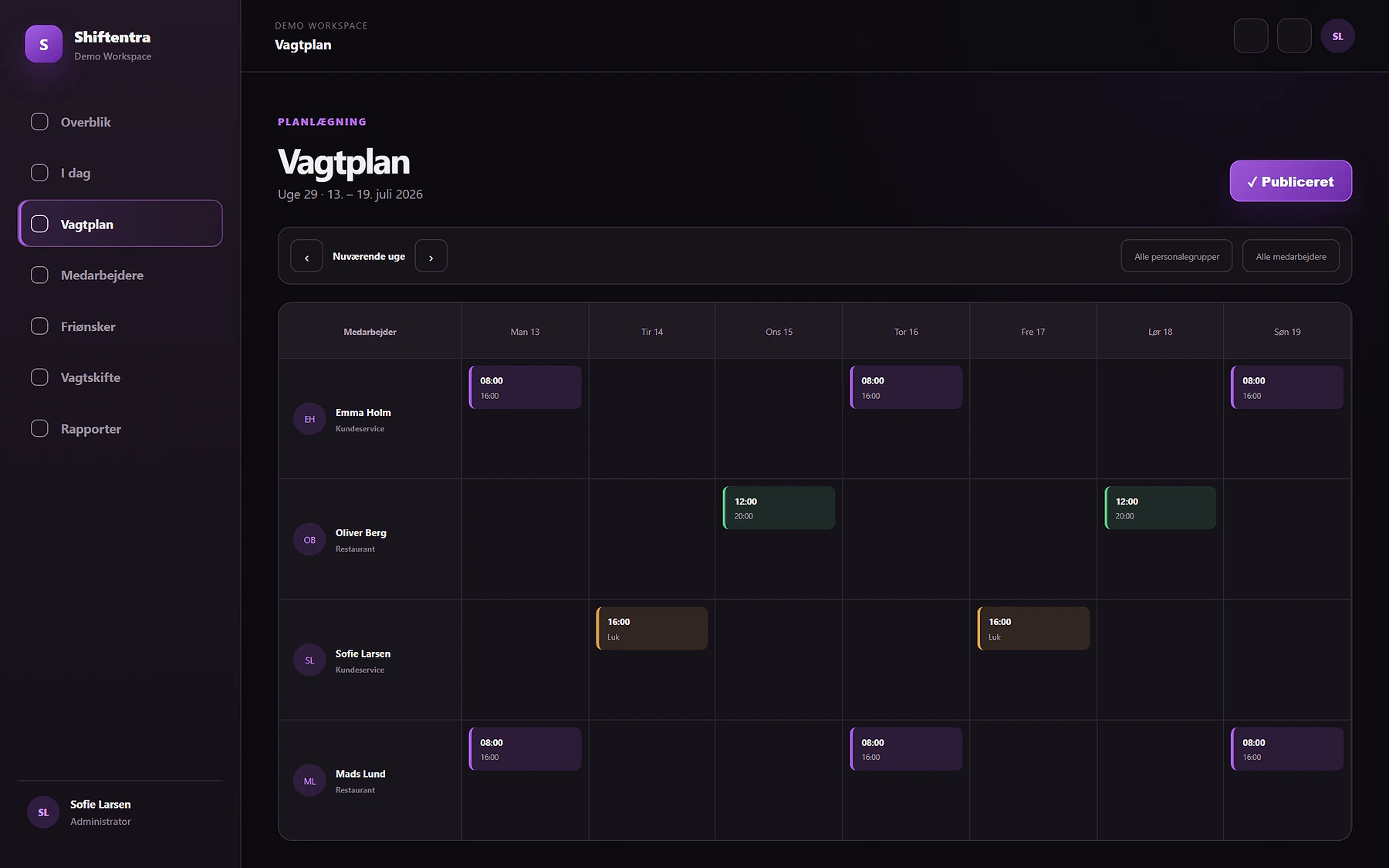 Shiftentra vagtplan i det mørke lilla tema